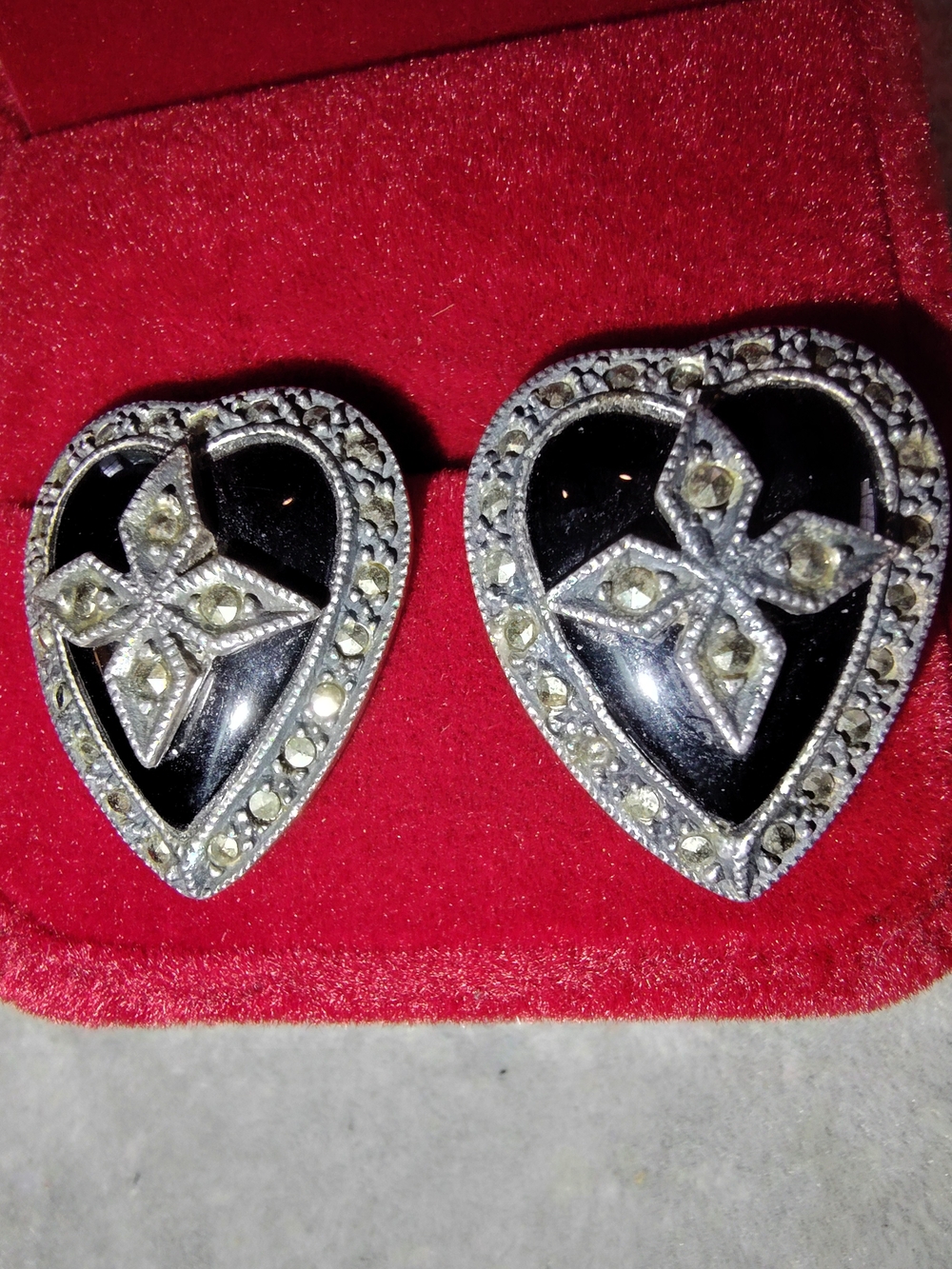 Judith Jack Black Onyx Heart Marcasite Sterling Earrings